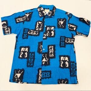 Vintage 60s Ui-Maikai Hawaiian Barkcloth Shirt Blue Large